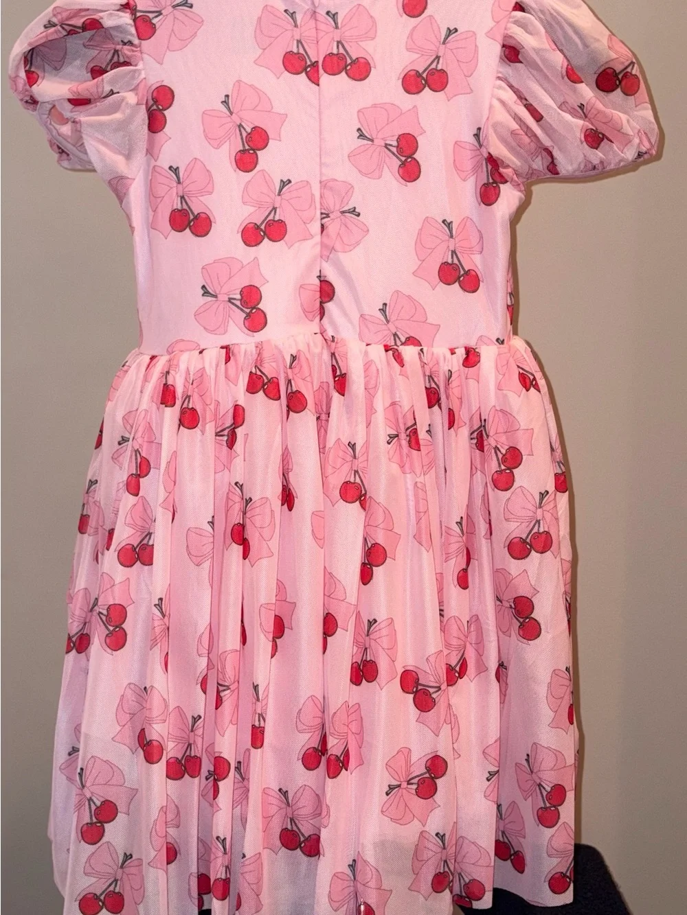 Lola and the Boys Cherry Bows Tulle Dress Pink Girls Size 6T Puff Sleeve
